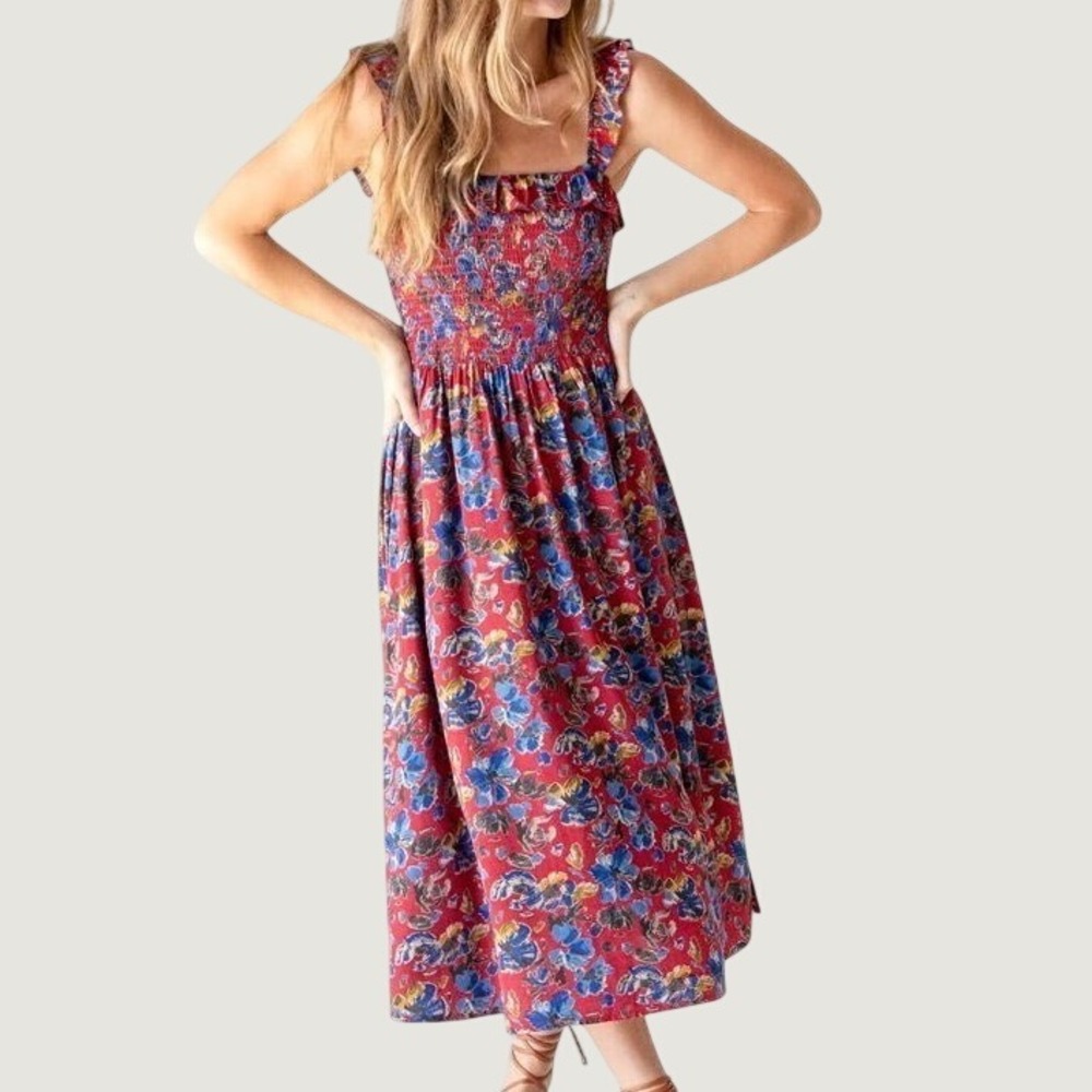 Natural Life Megan Smocked Midi Dress Small Bohemian Boho Chic Cottagecore
